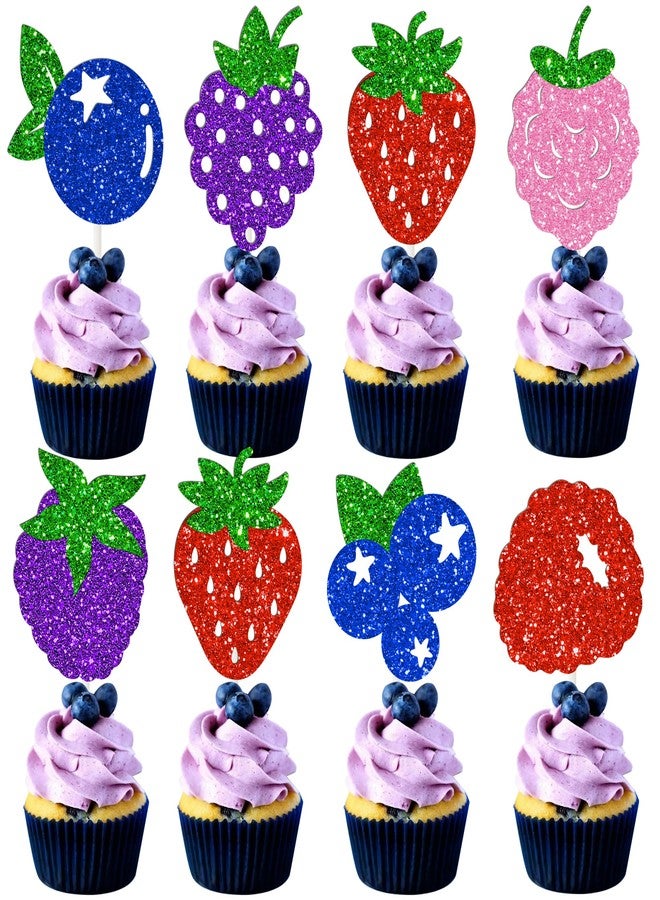 umoni Berry Cupcake Toppers Birthday Party Decorations Berry Party Cake Decorations 24PCS Glitter Strawberry Blueberry Cupcake Picks for Summer Raspberry Theme Baby Shower Supplies - Image 1